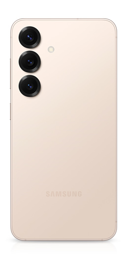 Galaxy S25 in Pinkgold is seen from the rear to show a rear camera on the back and a side button.