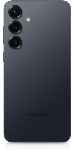 Galaxy S25 plus in Blueblack is seen from the rear to show a rear camera on the back and a side button.