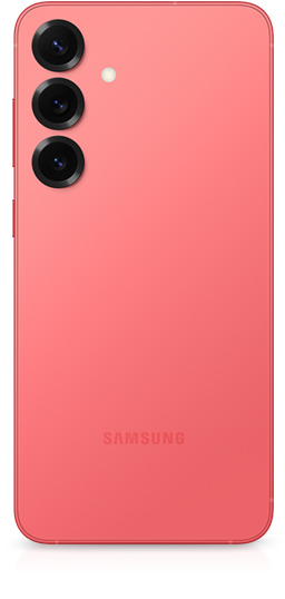 Galaxy S25 plus in Coralred is seen from the rear to show a rear camera on the back and a side button.