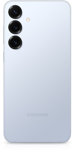 Galaxy S25 plus in Icyblue is seen from the rear to show a rear camera on the back and a side button.