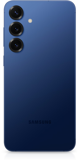 Galaxy S25 plus in Navy is seen from the rear to show a rear camera on the back and a side button.