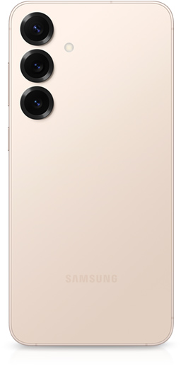 Galaxy S25 plus in Pinkgold is seen from the rear to show a rear camera on the back and a side button.