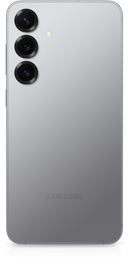 Galaxy S25 plus in Silver Shadow is seen from the rear to show a rear camera on the back and a side button.