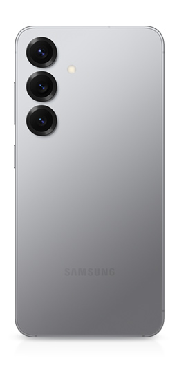 Galaxy S25 in Silver Shadow is seen from the rear to show a rear camera on the back and a side button.