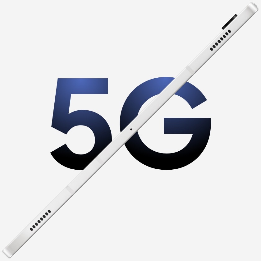 "5G" כתוב בגופן כחול מודגש עם Galaxy Tab S8 Series דק בצבע כסוף על הצד שחוצה באלכסון את "5G".