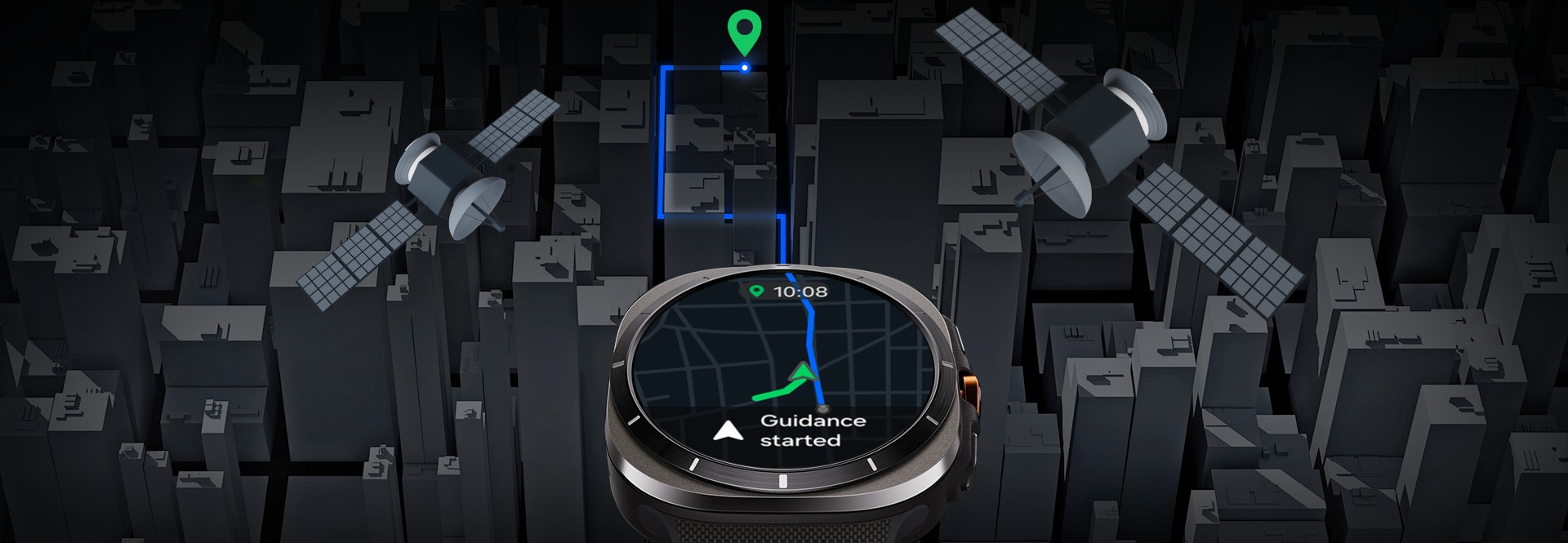 Galaxy Watch Ultra מציג ניווט על המפה עם הטקסט 'Guidance started'. קו כחול המציין את הכיוון נמשך מהתצוגה לכיוון היעד דרך רחובות עירוניים צפופים. ניתן לראות שני לוויינים, שמדגישים את תמיכת המכשיר בתדרים כפולים.