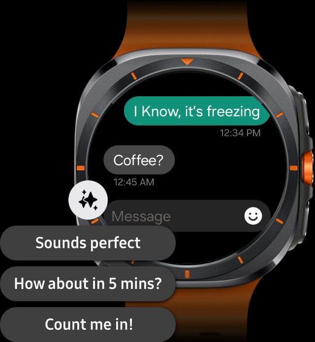 Galaxy Watch Ultra מציג צ'אט של הודעות טקסט עם תשובות מוצעות המבוססות על Galaxy AI ומופיעות מעל המכשיר.