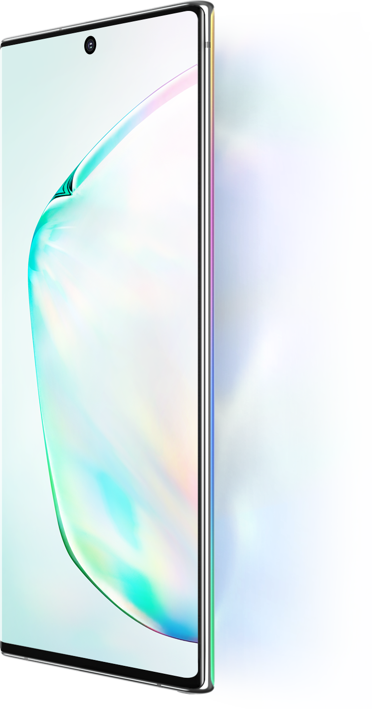 Galaxy Note10 и Galaxy Note10 plus отображаются под углом в три четверти с абстрактной графикой на экране. Рядом с Galaxy Note10 и Note10 plus находится 6,3-дюймовый экран, а рядом с Galaxy Note10 plus - 6,8-дюймовый экран.
