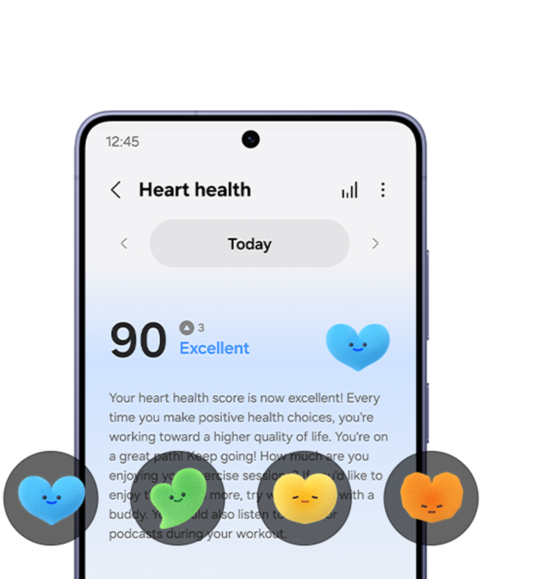 A screen of Galaxy S26 displaying the details of today's heart health with an Excellent score of 90. Four different heart icons in bubbles each representing a different grade of Heart Health Score.