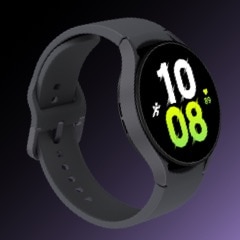 A three-quarter shot of a Graphite Galaxy Watch5 device with a band that's closed.