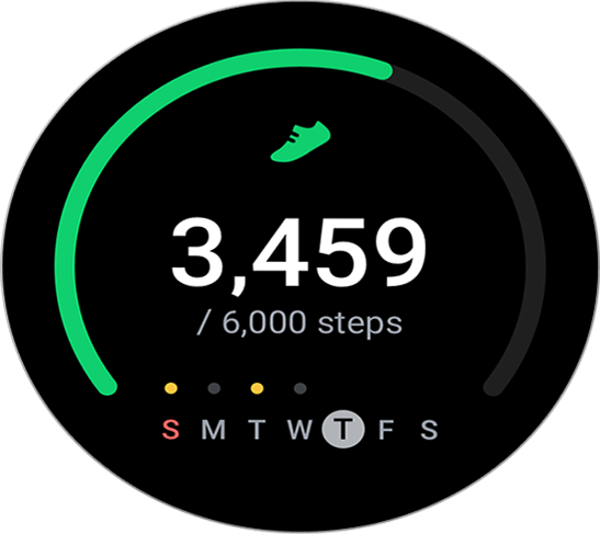 A Silver-bodied Galaxy Watch5 displaying counted steps in big white numbers '3,459 / 6000 steps', and the days of the week with Thursday highlighted.
