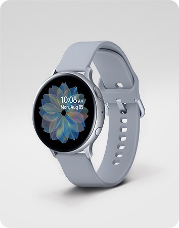 Looped Cloud Silver Watch Active2 44mm tilted slightly to the left. 