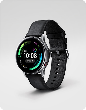Looped Silver Watch Active2 44mm tilted slightly to the left. 