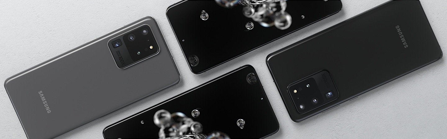 Four Samsung Galaxy S20 mobiles are laid out diagonally, two faced down with 108 megapixel camera, rest faced up with Infinity-O display