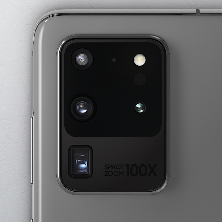 A black Samsung Galaxy S20 Ultra is laid on its back, zoomed into its 100x space zoom camera with 108 megapixel.