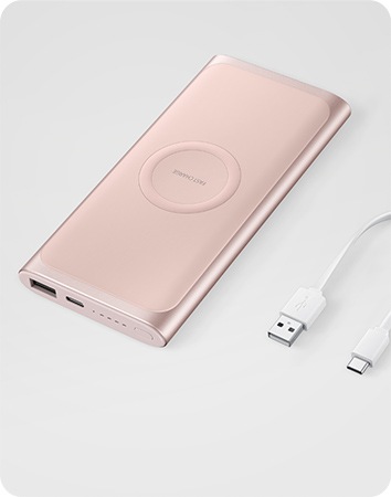 Front of a Pink Wireless Battery Pack, tilted slightly to the left. 