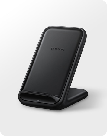 Front of a Black Wireless Charger Stand, tilted slightly to the left. 
