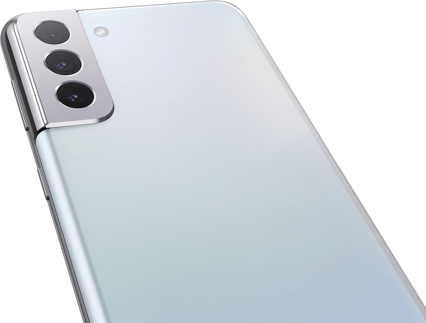 Close-up of rear camera on Galaxy S21 Plus 5G in Phantom Silver.