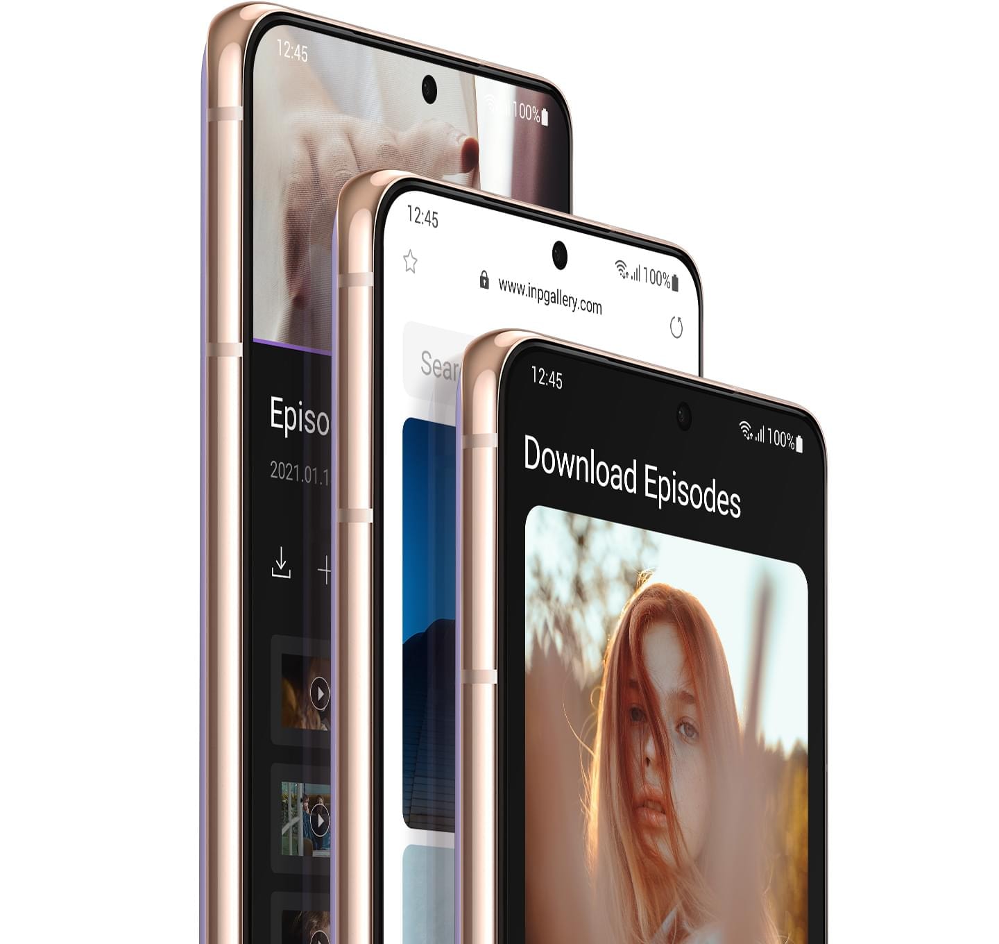 Three Galaxy S21 Plus 5G phones in Phantom Violet seen from the front at an angle, stacked against each other. One phone shows downloaded episodes onscreen, another the Internet interface, and one shows a video editing interface.
