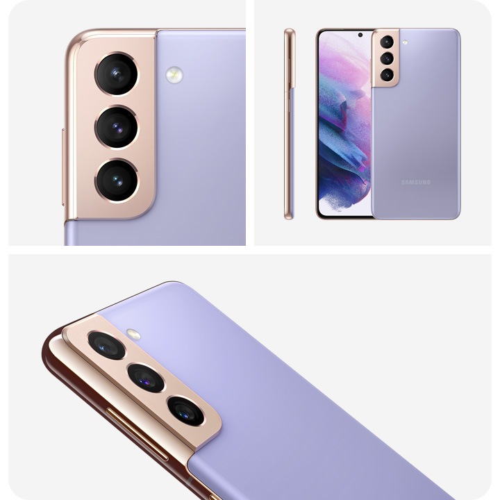 There are three different images of violet color Galaxy S21 device. On the upper left side, the image is focused on the rear camera of S21 device. On the upper right side image, three violet S21 devices are standing upright, one standing front, one standing back, and the other is standing side. The lower image, it is showing the camera and side metal of S21.