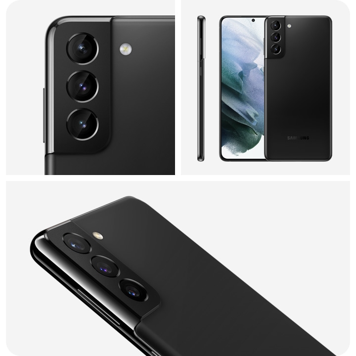 There are three different images of black color Galaxy S21+ device. On the upper left side, the image is focused on the rear camera of S21+ device. On the upper right side image, three black S21+ devices are standing upright, one standing front, one standing back, and the other is standing side. The lower image, it is showing the camera and side metal of S21+.