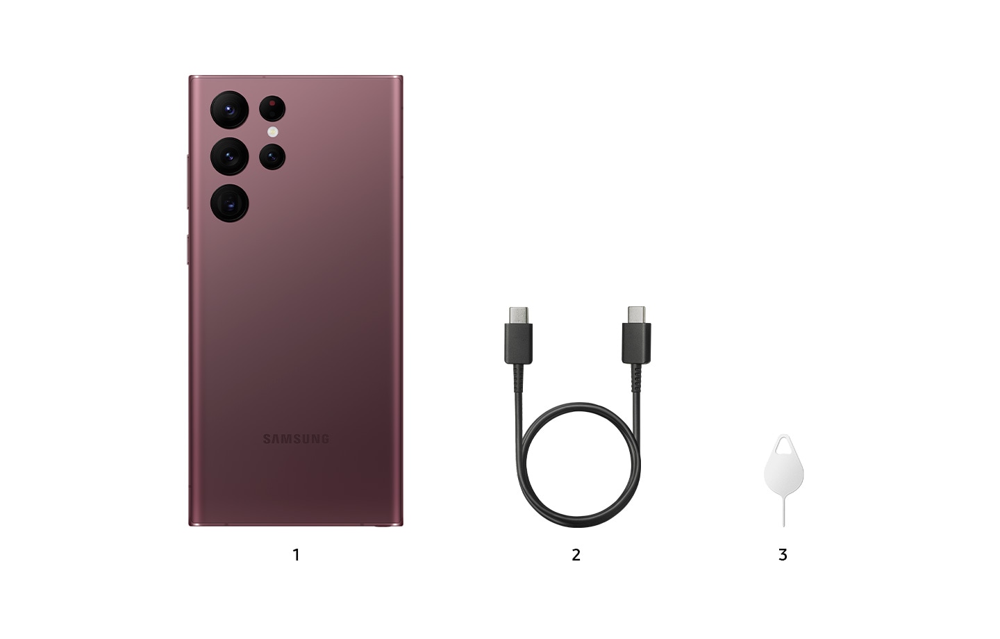 Three products stand next to one another in a row as part of the Galaxy S22 Ultra Package. The first one is a Black Galaxy S22 Ultra. The second one is a charging cable. The third one is an ejection pin. The products in a row are numbered consecutively from 1 to 3. 