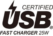 USB-IF logo. Certified USB Fast Charger 25W.