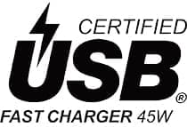 USB-IF logo. Certified USB Fast Charger 45W.