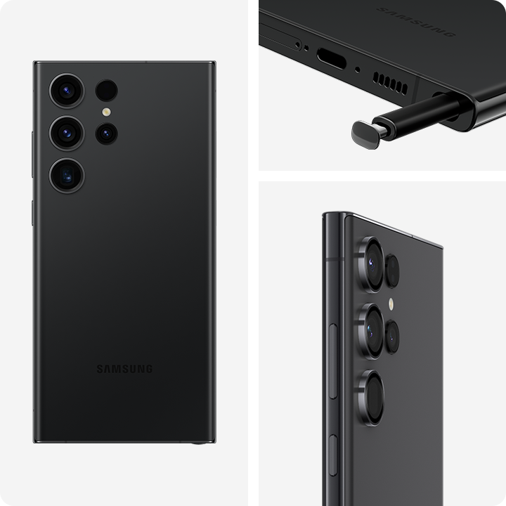 Galaxy S23 Ultra in Phantom Black seen from three different angles. First, seen in full from the rear. Next, a close up of the bottom portion of the device, seen at an angle from the rear. The S Pen is slightly ejected from the bottom of the phone. Next, seen from the rear and tilted toward the side to show the floating camera design.