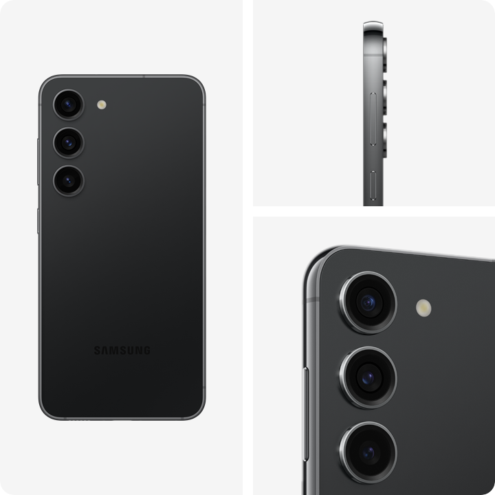 Galaxy S23 in Phantom Black seen from three different angles. First, seen in full from the rear. Next, the upper portion of the device seen from the side. Next, seen from the rear and tilted toward the side to show the floating camera design.