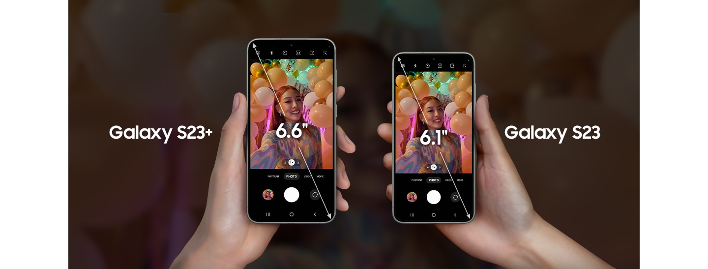 Measured diagonally, Galaxy S23 plus is 6 point 6 inches and Galaxy S23 is 6 point 1 inches.