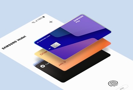 An illustrated device screen displays the Samsung Wallet payment screen. Three payment cards float parallel to the screen in layers. A fingerprint symbol is on the lower portion of the screen.