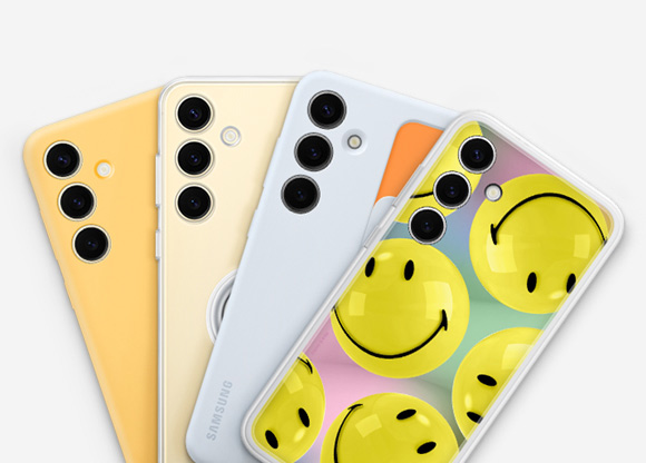 Four Galaxy S24 Plus devices with cases installed: Silicone Case in Yellow, Clear Gadget Case, Standing Grip Case in Light Blue and Flipsuit Case in Yellow.