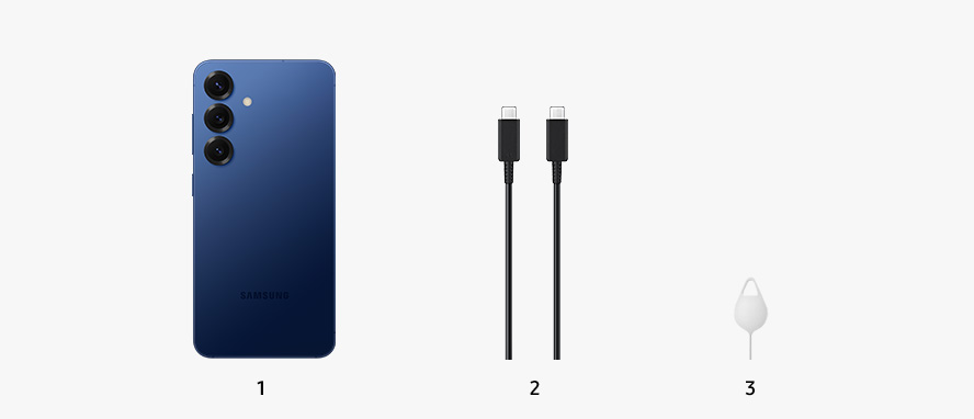 Galaxy S25 in Navy is shown from the back with a battery charging cable and an ejection pin next to it.