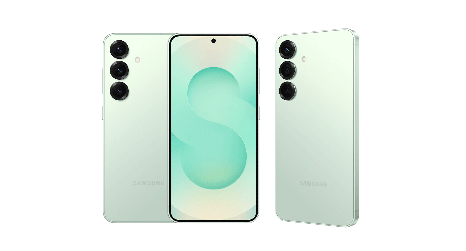 Three Galaxy S25 in Mint are arranged, one in rear view, one in front view and another in rear view at a slight slant.