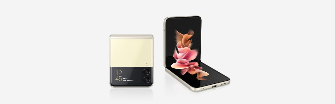 A Cream Galaxy Flip3 is placed on the screen with it's front screen opened in a 90 degree angle, behind the device on the right there is a folded Cream Galaxy Flip3 showing it's rear camera.