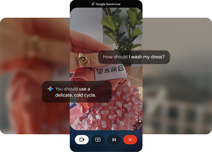 Google Gemini Live is active and the user is seeking laundry advice for their dress. Through the camera, the screen shows the care label, highlighting washing symbols.