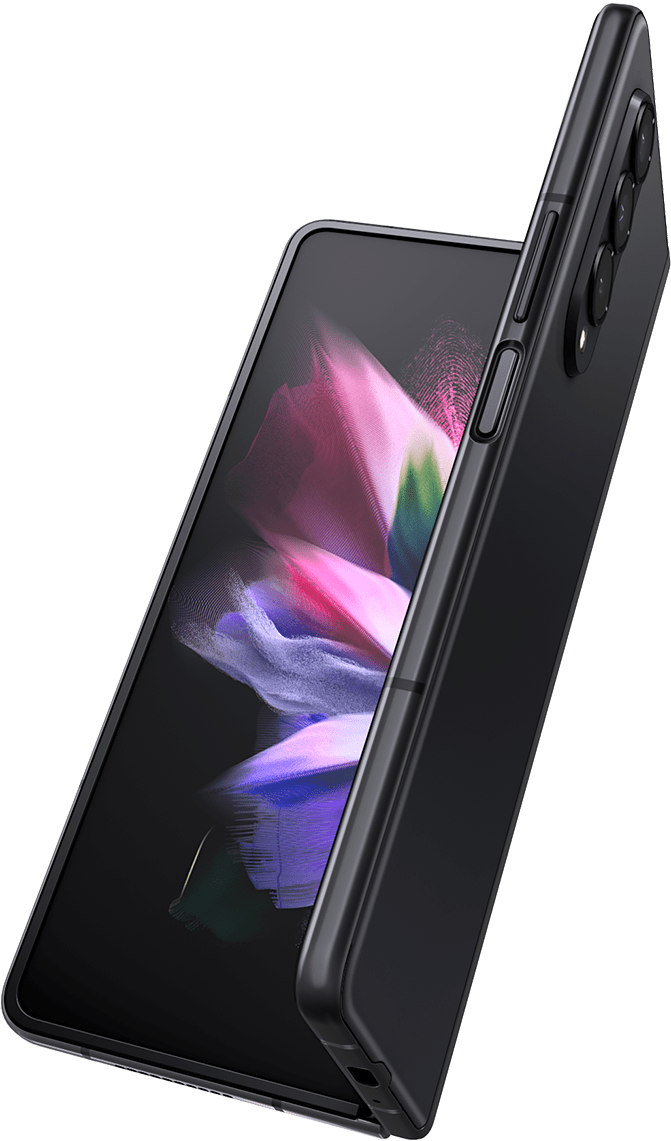 Galaxy Z Fold3 5G slightly unfolded seen at an angle. A colorful wallpaper is seen on the Main Screen.