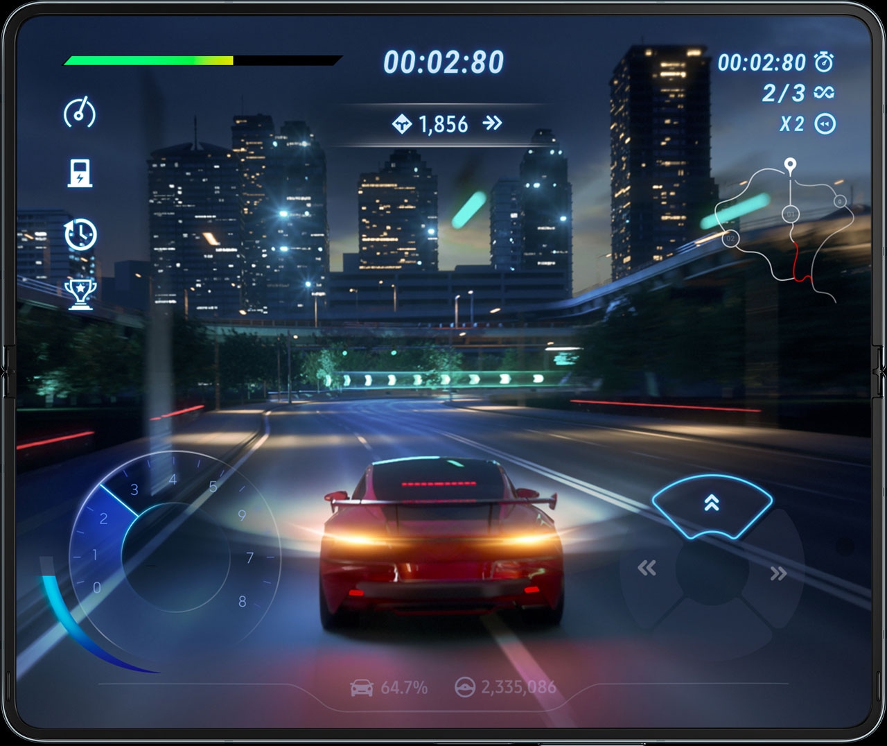 Unfolded Galaxy Z Fold4 with a scene from a racing game on the Main Screen. A sports car speeds down a highway with a dashboard overlay on the screen. The content is smooth.