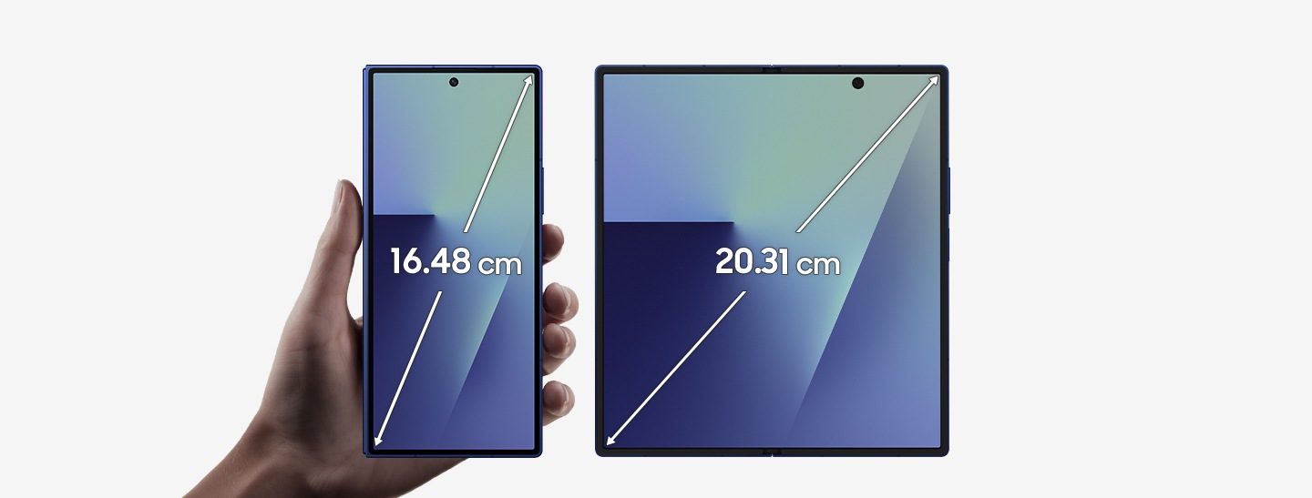 Two Galaxy Z Fold7 phones in Blue Shadow are shown. One is shown folded with a 16.48 cm cover screen, held in a hand to demonstrate its easy grip. One is shown unfolded with a 20.31 cm main screen.