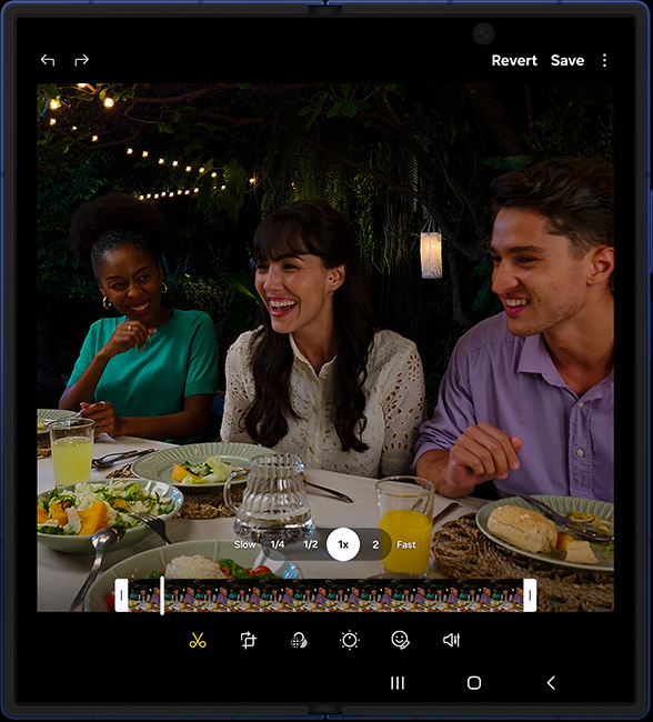 A video has been shot and is being edited on the large main screen of an unfolded Galaxy Z Fold7.