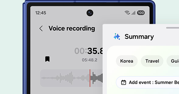 The summary from a recording is shown with schedule suggestions by Galaxy AI.