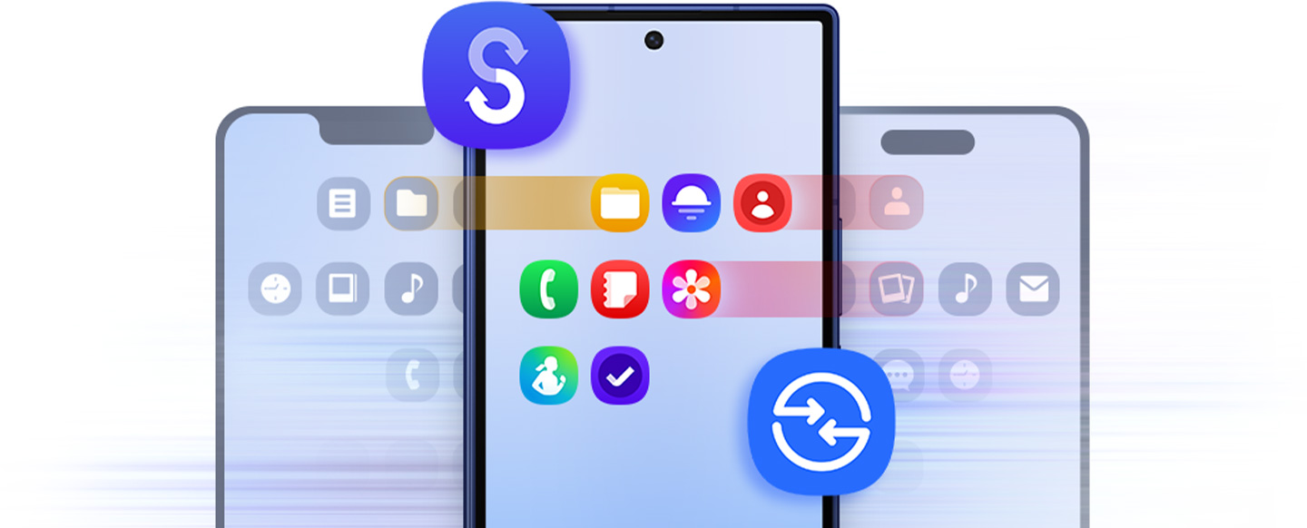 Galaxy Z Fold7 is seen folded from the cover screen. Behind the device are two other regular smartphones. Apps and information such as Photos, Contacts and Files are being easily transferred from the smartphones to Galaxy Z Fold7 using Smart Switch and Quick Share.