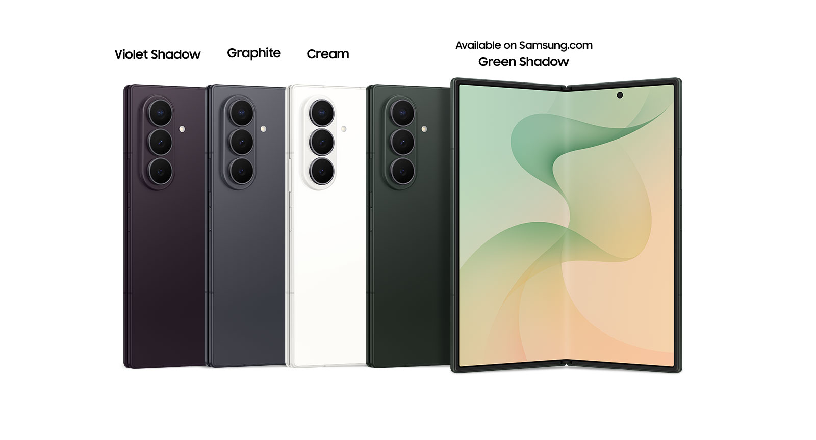 Four Galaxy Z Fold8 Ultra phones in Violet Shadow, Graphite, Cream and Green Shadow are folded and seen from the back with the rear cameras. One Galaxy Z Fold8 Ultra phone in Green Shadow is unfolded and seen from the main screen. Green Shadow is a Samsung.com special colour.