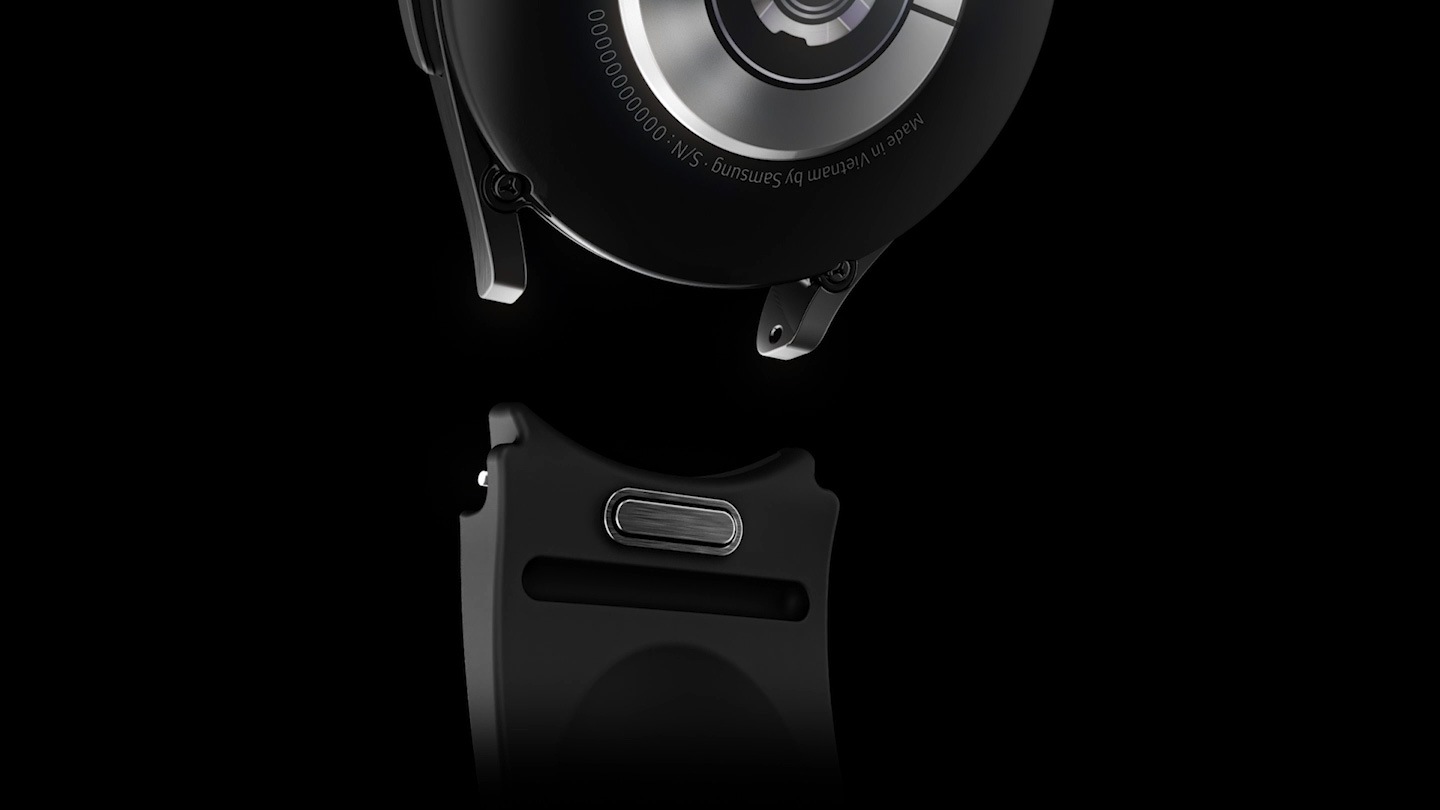 Galaxy Watch6 Classic دەبینرێت، کە قایشی کاتژمێرەکەی خەریکە جیادەبێتەوە بۆ ئەوەی نیشان بدرێت کە دوگمەی ئازادکردنی قایشەکە بە کرتەیەکی ئاسان کاریپێدەکرێت.