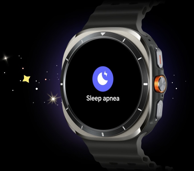 Galaxy Watch Ultra با متن 'Sleep apnea' (آپنه خواب) و نماد آن دیده میشود.
