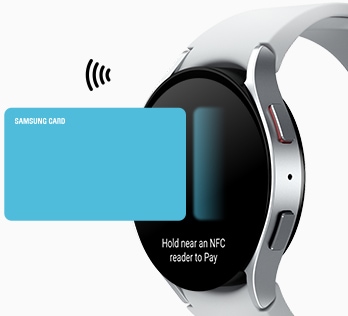 Galaxy Watch6 اندکی به سمت چپ چرخیده است. یک کارت اعتباری در کنار صفحه حاوی نماد NFC دیده میشود تا مشخص شود که اکنون استفاده از Samsung Wallet در ساعت امکانپذیر است. در قسمت پایین صفحه درون ساعت، متن «برای پرداخت، نزدیک دستگاه NFC نگه دارید» (Hold near an NFC reader to Pay) دیده میشود.