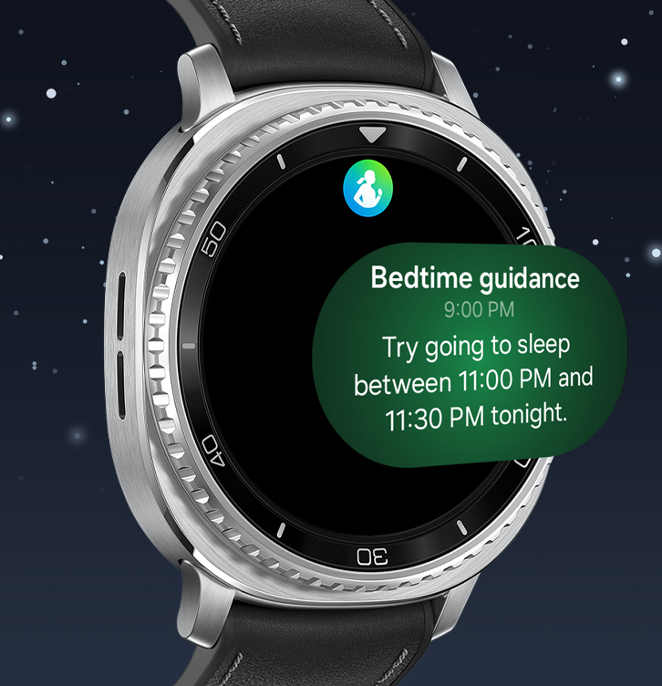 Galaxy Watch8 Classic with Bedtime guidance feature onscreen. Samsung Health icon, text Bedtime guidance at the top. Below, text Bedtime guidance, 9:00 PM, Try going to sleep between 11:00 PM and 11:30 PM tonight.