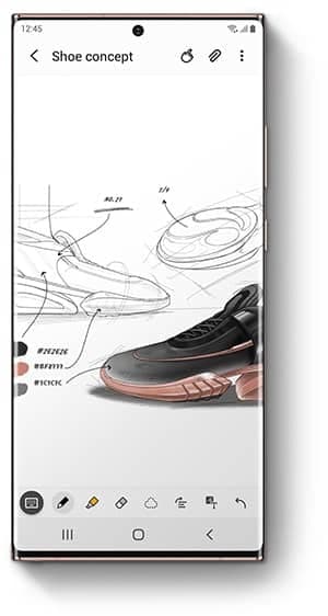 Galaxy Note20 Ultra که برنامه Samsung Notes و طرحی از یک کفش روی صفحه نمایش آن قرار دارد.