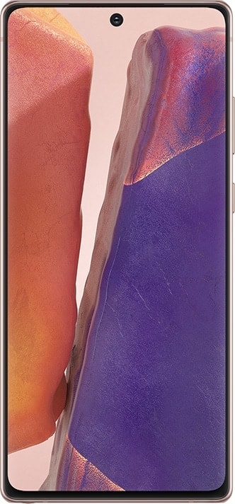 Galaxy Note20 به رنگ برنزی مات که از جلو دیده می‌شود و دارای تصویر زمینه گرافیکی روی صفحه نمایش خود است.